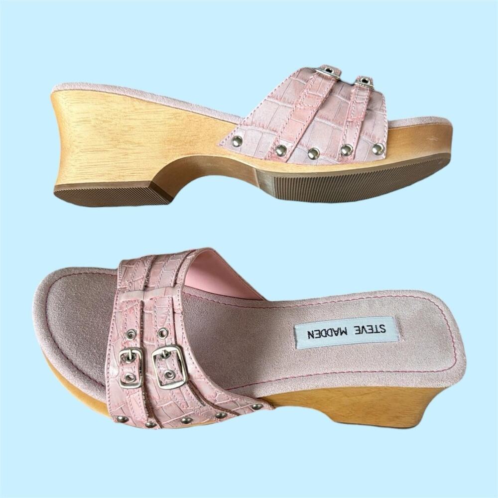 RARE Steve Madden Pink Crocodile-Embossed Leather Platform wooden heel Mules